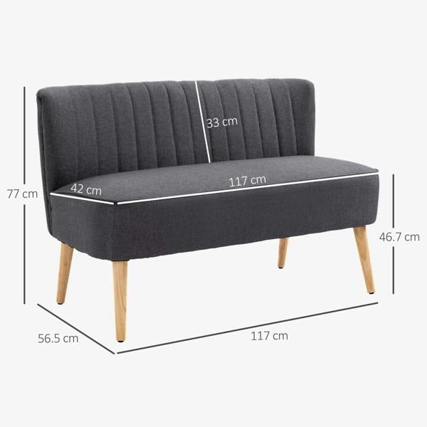 Dark grey compact loveseat sofa with vertical channel back and tapered light wood legs