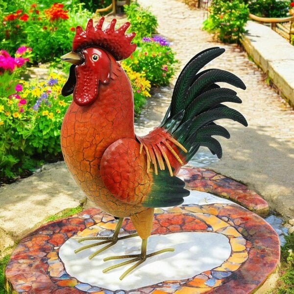 EDH Door Hardware Large Metal Red Cockerel (44cm x 16cm x 36cm) – Handcrafted Rustic Rooster Garden Ornament  Farmyard Statue