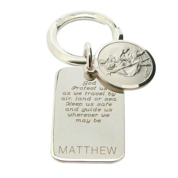 Christopher James of London Sterling Silver Personalised Rectangle St Christopher Keyring With Travellers Prayer
