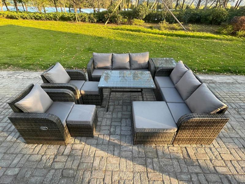 Fimous 11 Seater Rattan Garden Set, Sofa, Patio Table, 3 Seater Sofa, Dining Table, 3 Footstools and Side Table, Dark Grey Mixed