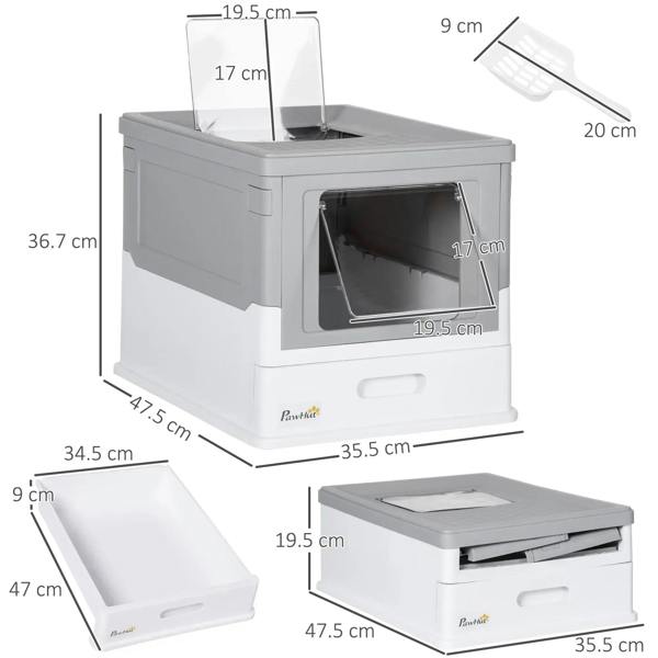Grey hooded cat litter box with front entry door and open top, size diagram view