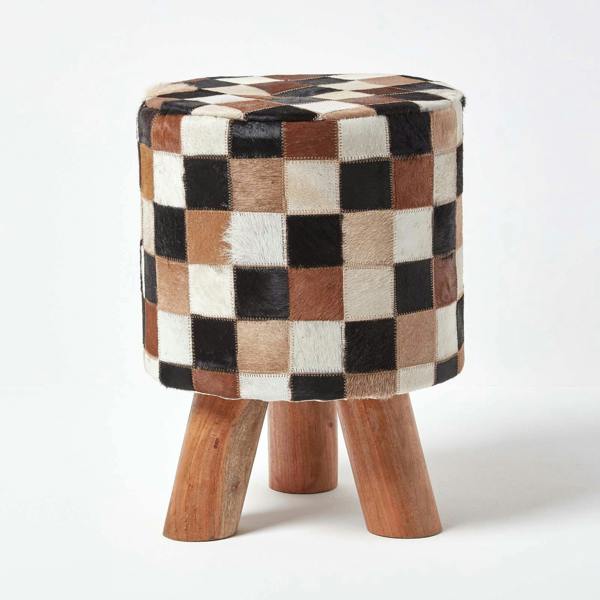 HOMESCAPES Cream, Brown and Tan Hide Check Stool with Wooden Legs
