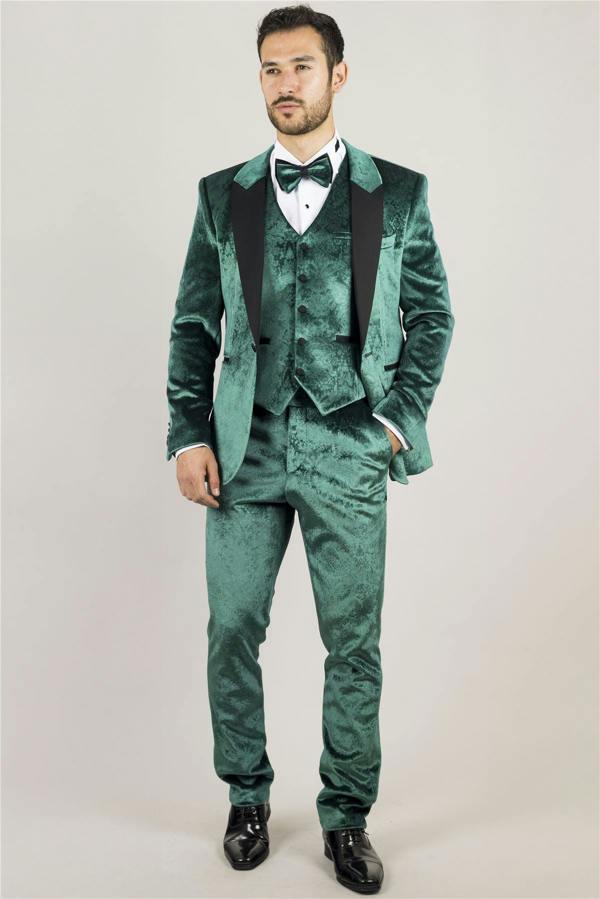 Infinity Leather Men's Green 3 Piece Velvet Wedding Tuxedo Formal Suit