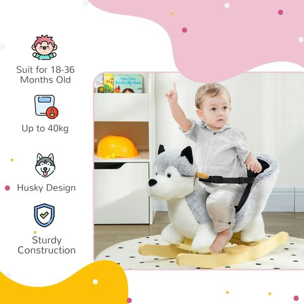 Grey plush husky rocking horse with seatbelt and child playing