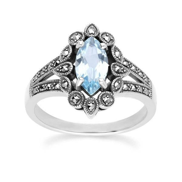 Gemondo Art Deco Style Marquise Blue Topaz & Marcasite Ring in Sterling Silver