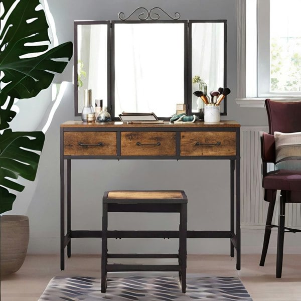 Rafaelo Mobilia Industrial Rustic Brown Dressing Table With Mirror And Stool