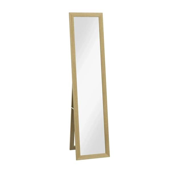 Full-length mirror with light natural wood frame and clear glass, freestanding
