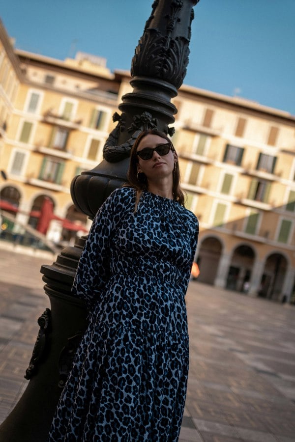 Gini London Blue Animal Print Shirred High Neck Maxi Dress