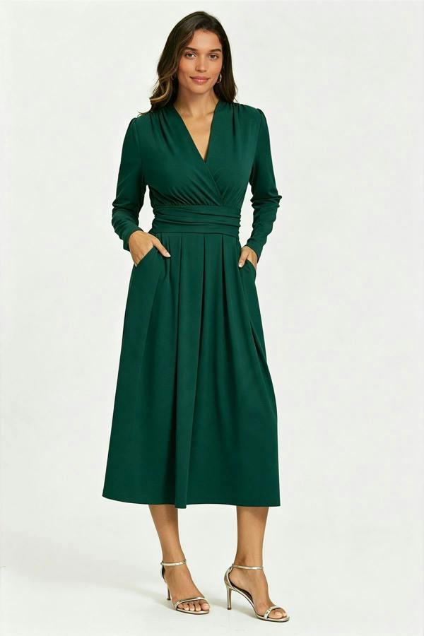 FS Collection Jersey Long Sleeve Midi Dress In ForestGreen