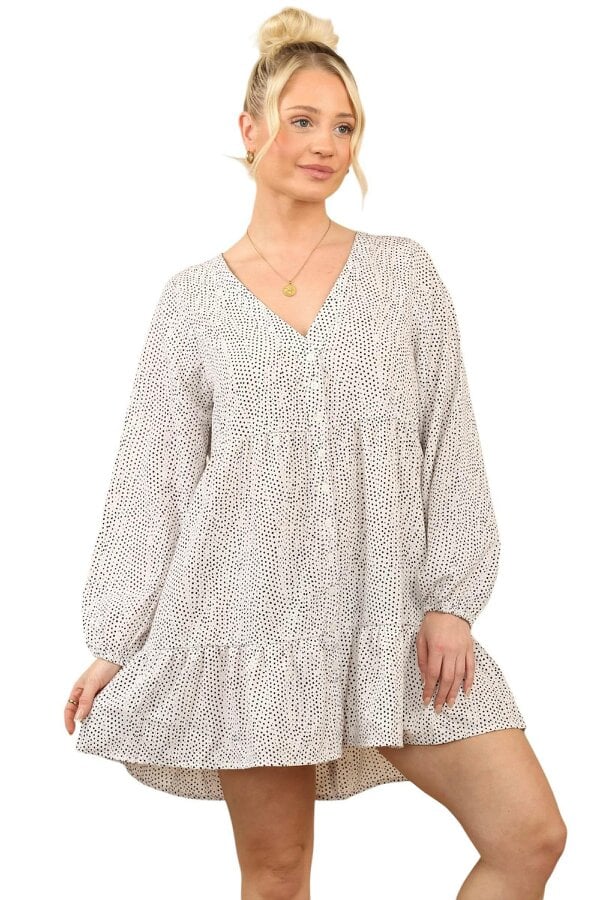 Chic V-Neck Polka Dot Smock Mini Dress with Long Sleeves – Perfect Casual Style for Women