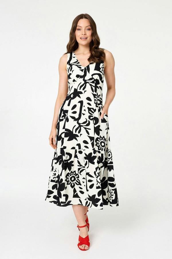 Beige | Floral Sleeveless A-Line Midi Dress