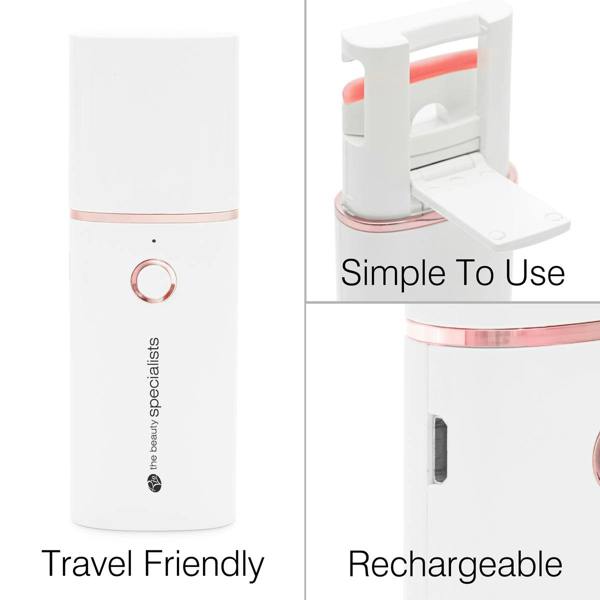 The Rio WOW Lash Heated Eyelash Curler in white and rose gold is displayed from various angles. Key features—Travel Friendly, Simple To Use, and Rechargeable—offer beautiful lashes anytime, anywhere.