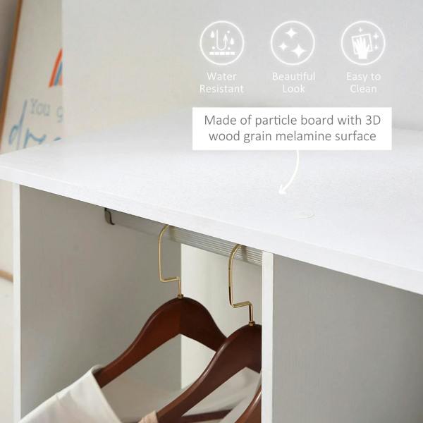 White wardrobe top panel with metal hanging rail and hooks for coats