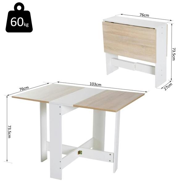 Foldable drop-leaf dining table, oak top with two leaves extended and white frame.