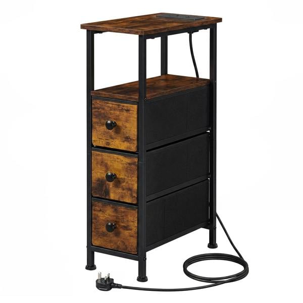 Levede Bedside Table with LED Light Charging 3 Fabric Drawers Storage Brown