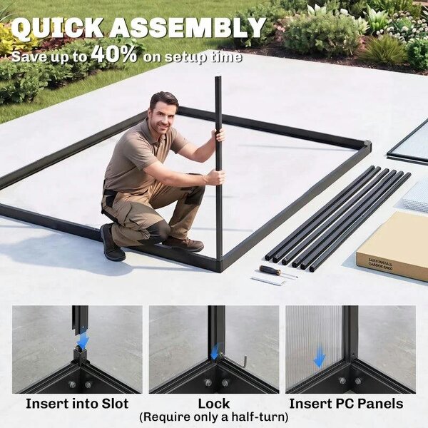 6 x 5.5ft Polycarbonate Greenhouse, Quick Setup Walk in Green House, Push Door, Adjustable Roof Vent, Rain Gutter, Black