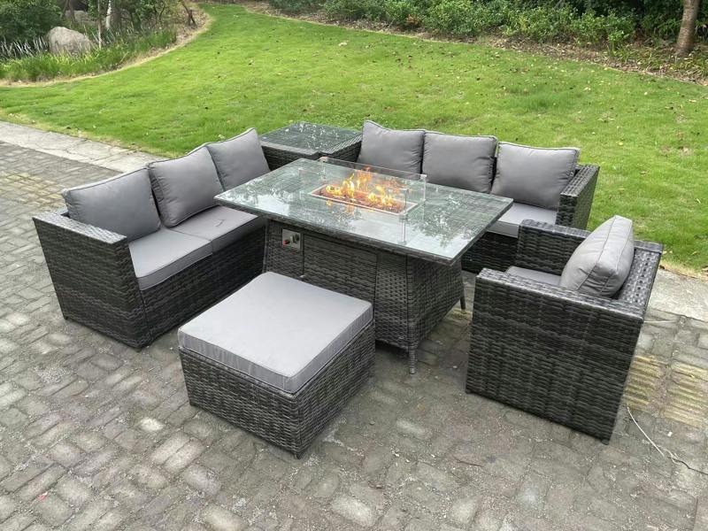 Fimous 8 Seater Rattan Garden Furniture Patio Set, Gas Fire Pit Dining Table, Side Table, Armchair, Big Footstool, Dark Grey Mixed