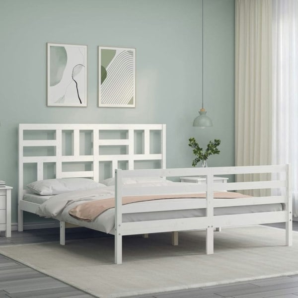 Berkfield Bed Frame with Headboard White King Size Solid Wood