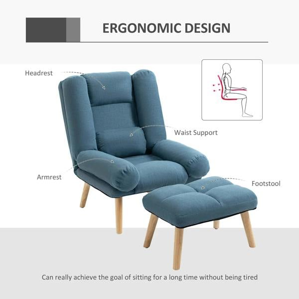 Blue recliner armchair with three-position backrest and matching footstool, wooden legs