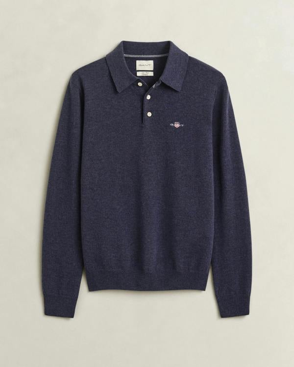 GANT Mens Superfine Lambswool Long Sleeve Polo - 480 Dark Navy Melange | CHO | Designer Mens Long Sleeve Polo Shirts