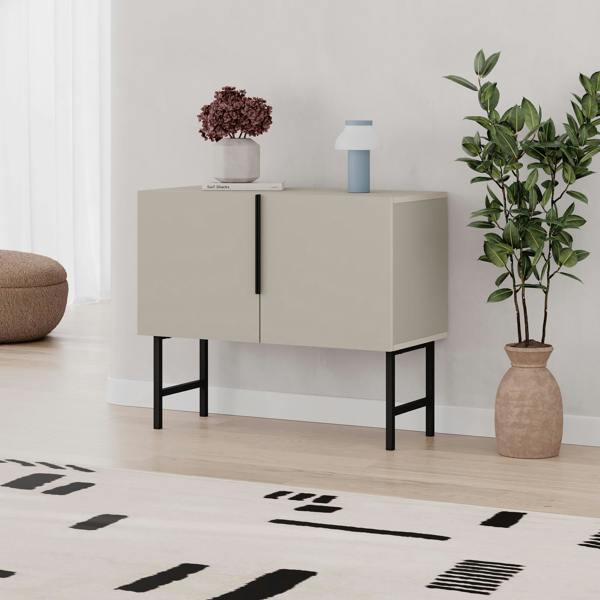 Decortie Modern Tona Console Cabinet w/Soft-Close 2 Doors Sideboard Black Metal Legs 88(W)cm
