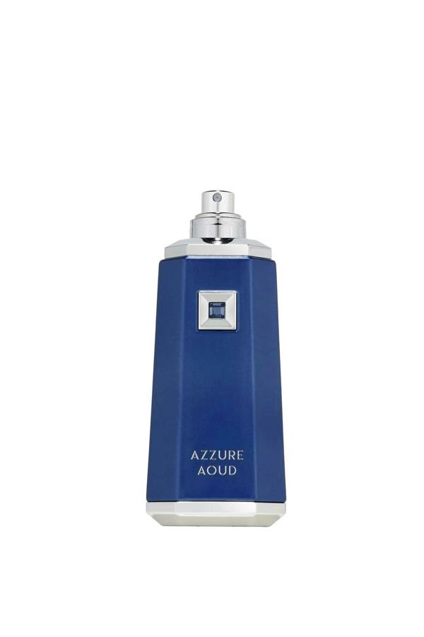French Avenue Azzure Aoud eau de parfum 100ml shown from the front with the sprayer exposed, featuring a deep blue bottle with polished silver accents on a clean white background.