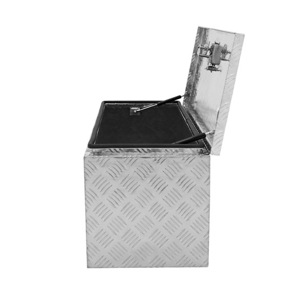 Extra large aluminium tool box with a diamond plate texture, black interior, and a hinged lid for easy access to tools