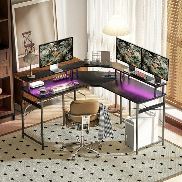Wyld Haus Vevano 138.5cm Black L Shaped Work Desk With Integrated LED Lighting