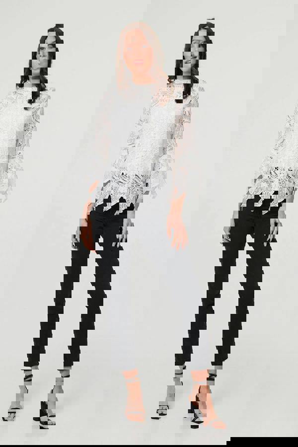 White | Semi Sheer Lace Layer Frilled Hem Blouse