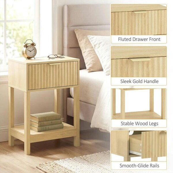 Modern Fluted Nightstand Set of 2, Bedside Table with Charging Station, Drawer and Open Shelf for Bedroom, Oak