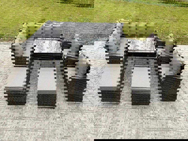 Fimous Outdoor Rattan Garden Furniture Corner Sofa Set with Oblong Dining Table 2 Big Footstool 2 Armchairs Patio Wicker Rattan Set Dark Grey Mixed