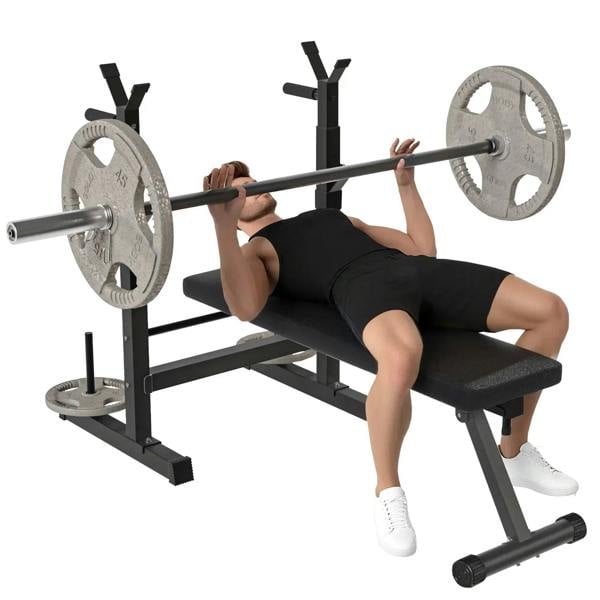 Black adjustable weight bench with barbell rack and flat workout pad