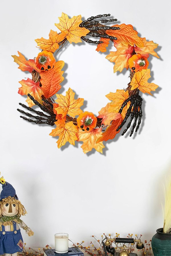 Living and Home Halloween Wreath Hand Pumpkin Wreath for Front Door Decor