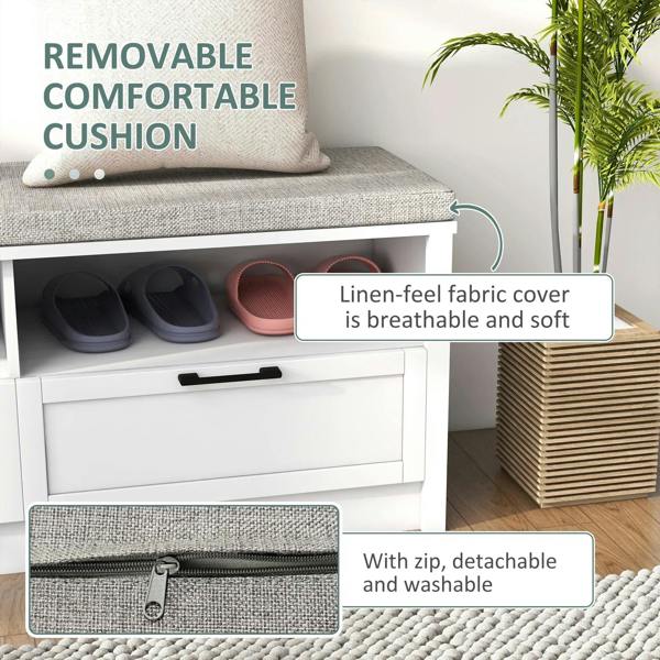 White shoe bench with removable grey cushion; linen-like cover and zippered removable panel