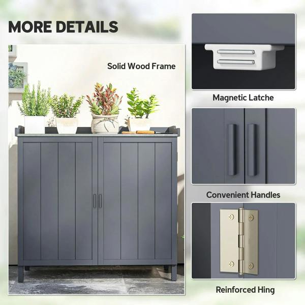 Grey cabinet front with reinforced hinges, magnetic-style latch, and easy-grip handles