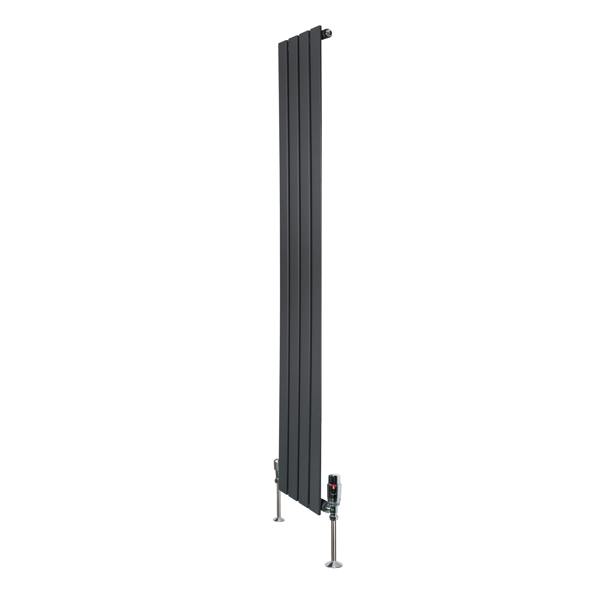 Flat single column radiator in anthracite grey, 1600mm x 280mm, featuring sleek vertical lines and modern valve fittings