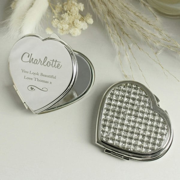 Personalised Memento Company Personalised Swirls & Hearts Diamante Heart Compact Mirror