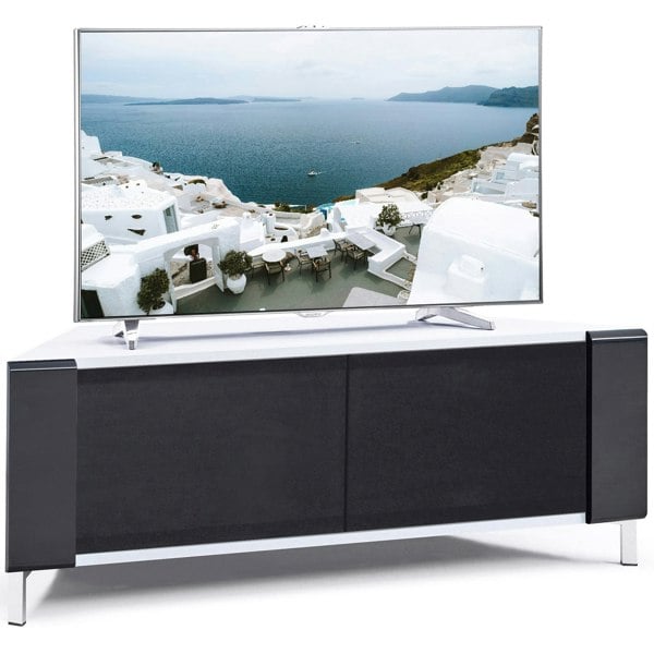 MDA Designs CORVUS Corner-Friendly Gloss White Contemporary Cabinet with Black Profiles Black BeamThru Glass Doors for Flat Screen TVs up to 50"