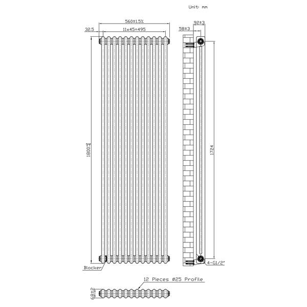 Monster Racking Traditional 2 Column Radiator - 1800 x 560mm - Raw Metal