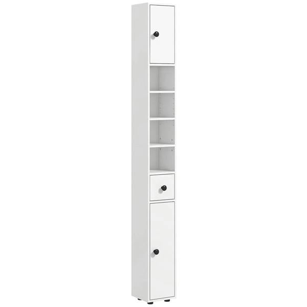White slim bathroom cabinet with vertical open shelves and drawers, black round knobs.