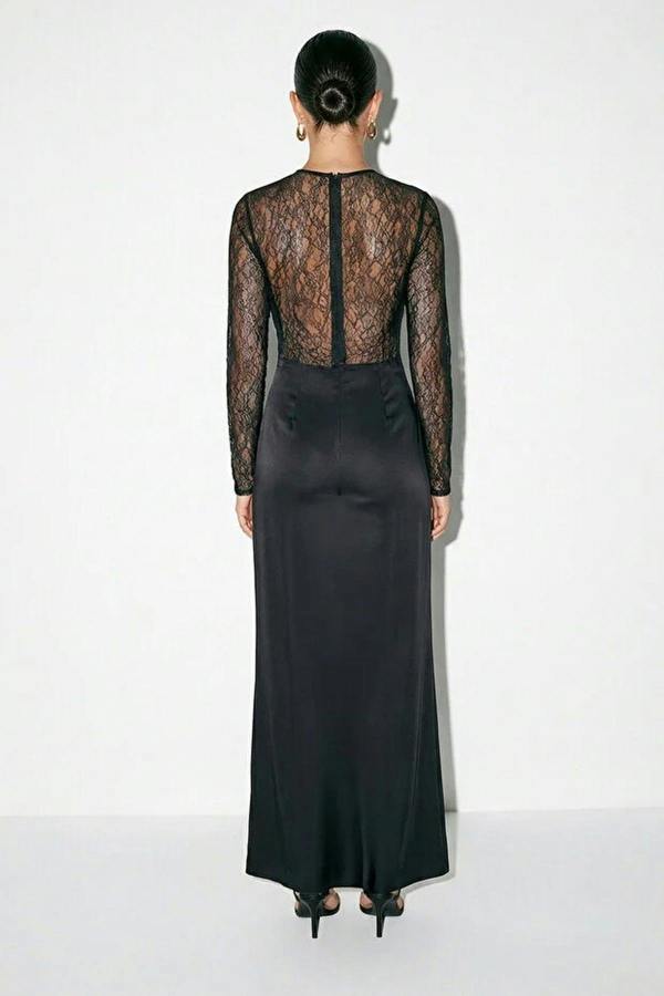 WOVCOR Satin Long Dress with Lace Details