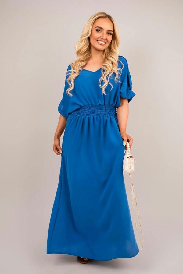 Zamara V Neck Short Sleeve Maxi Dress With Button Detail - Royal