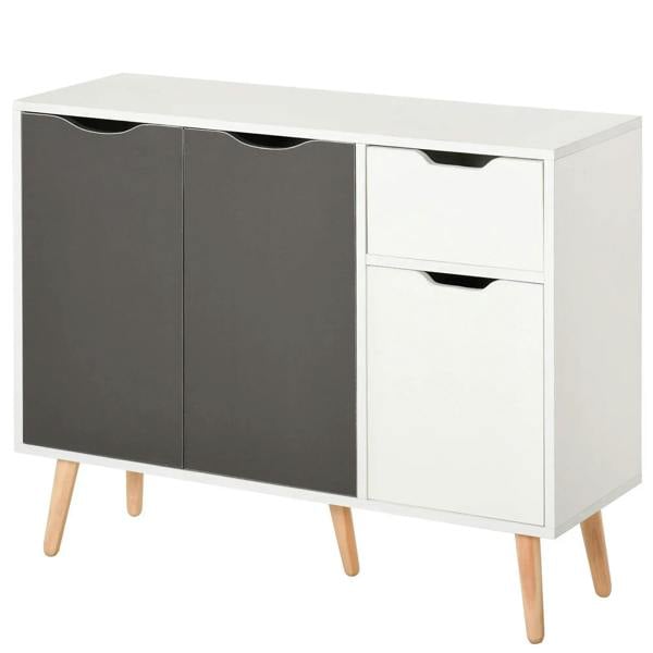 Grey and white sideboard cabinet with two doors and two drawers, solid wood legs
