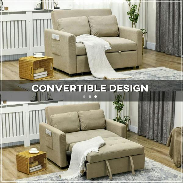 Light brown loveseat sofa bed with two back cushions and built-in side storage