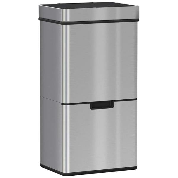 Stainless steel recycling bin with removable black lid and front swing handle
