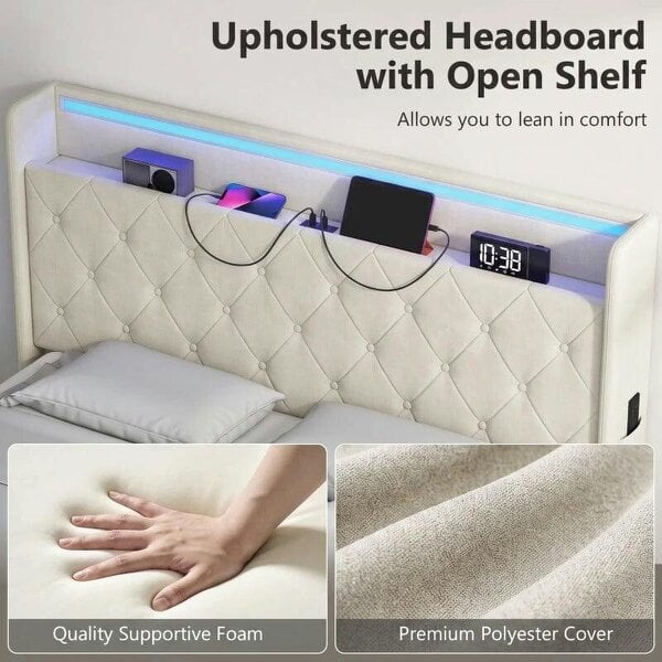 4ft6 Double Bed Frame with Headboard, Platform Bed Frame with Hydraulic Storage, LED Lights and Charging Station, Cream