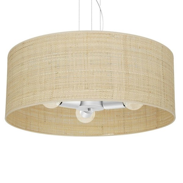 Milagro Marshall Hand Made Designer Pendant Lamp In Matt White Metal And Natural Rattan Coloured Fabric