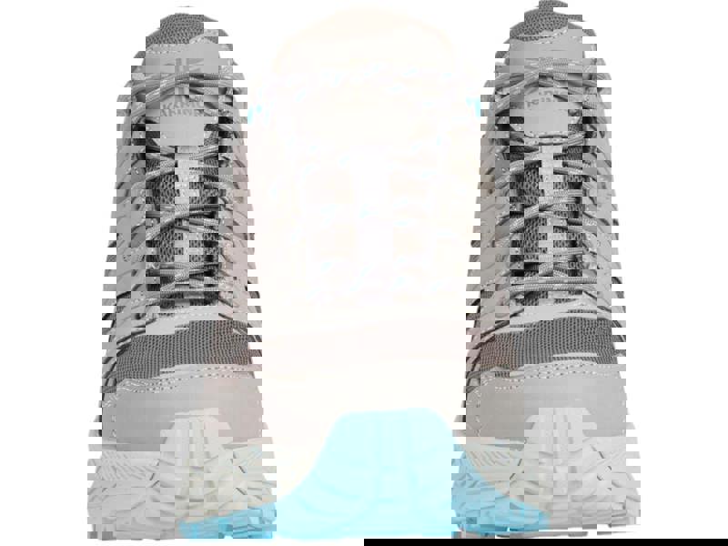 Karrimor Kestrel Womens Casual Walking Trail Hiking Outdoor Trainers, front view showing beige and brown athletic shoe with blue accents and textured sole.