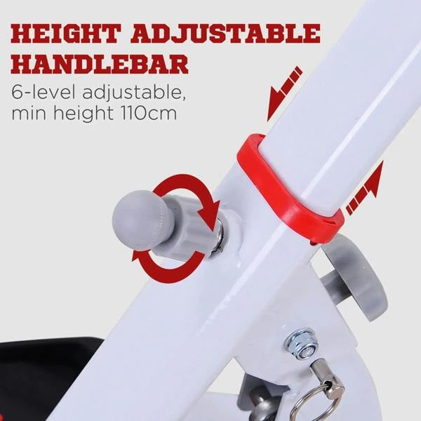 Height-adjustable fitness stepper with red adjustment knob and padded handle grips