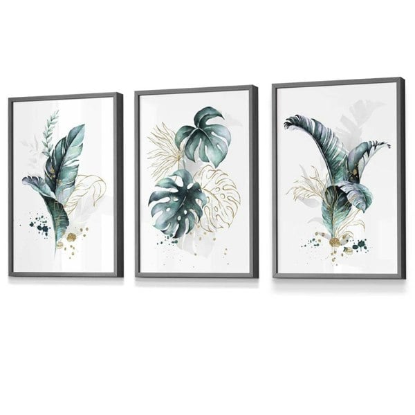 Artze Wall Art Teal Blue and Gold Botanical Set of 3 Floral Framed Prints